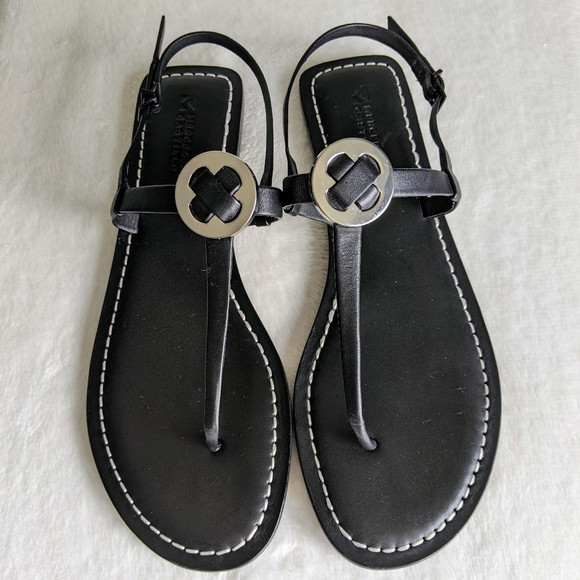 Mercedes Castillo Leather T-Strap Thong Sandal Flat Black Silver EU40 10 NWOB - Picture 1 of 15